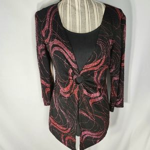 Notations Black w/ Red Sparkly Design 2-PC Look Long Sleeve Top Size Medium